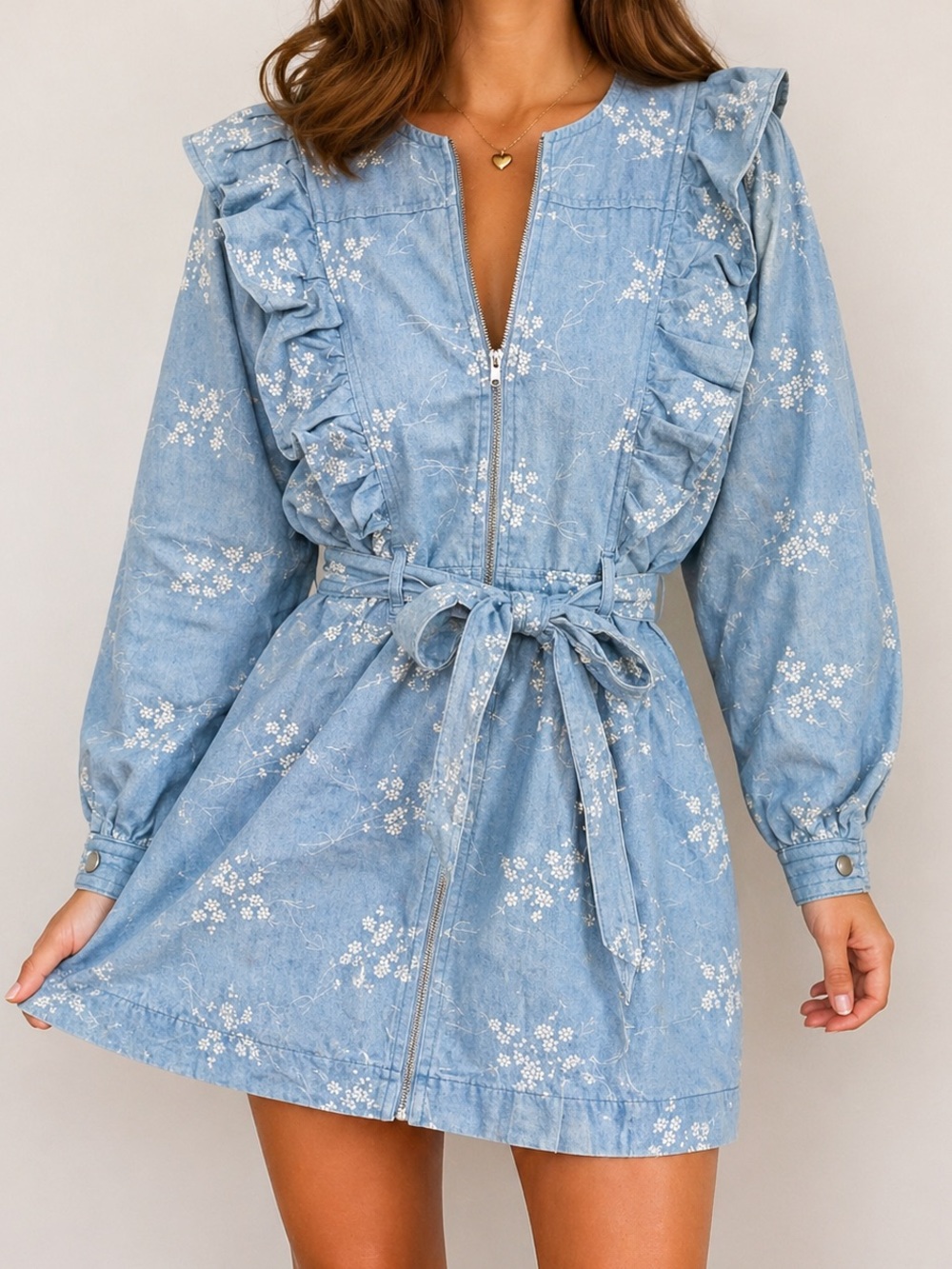Sweet en Forme Floral Cotton Ruffle Zip Front Mini Dress Cottagecore M